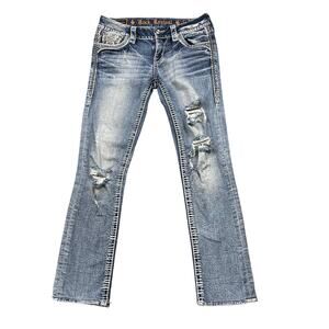 Y2K Rock Revival Jeans Mertie Straight Low Rise Jeans Embroidered Distressed 27